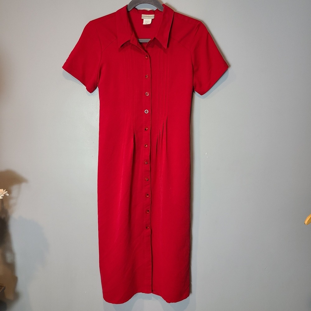 Vtg Red Button Front Maxi Shirt Dress Pleated 90s Minimalist Womens M Tie Back